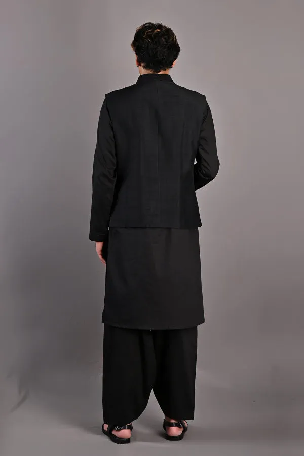 Haruka - Black Abstract Embroidered Nehru Jacket with Kurta Set