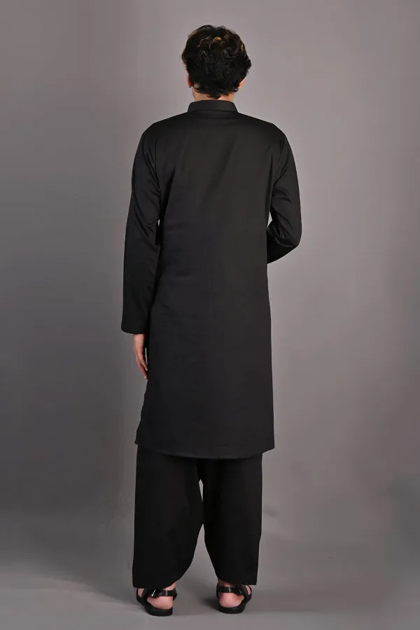 Haruka - Black Abstract Embroidered Nehru Jacket with Kurta Set