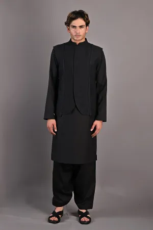 Haruka - Black Abstract Embroidered Nehru Jacket with Kurta Set