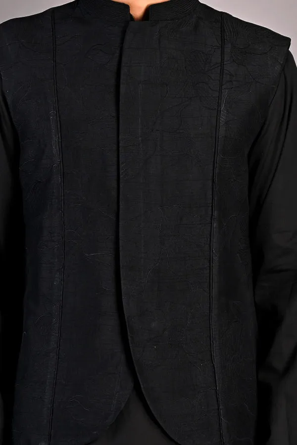 Haruka - Black Abstract Embroidered Nehru Jacket with Kurta Set