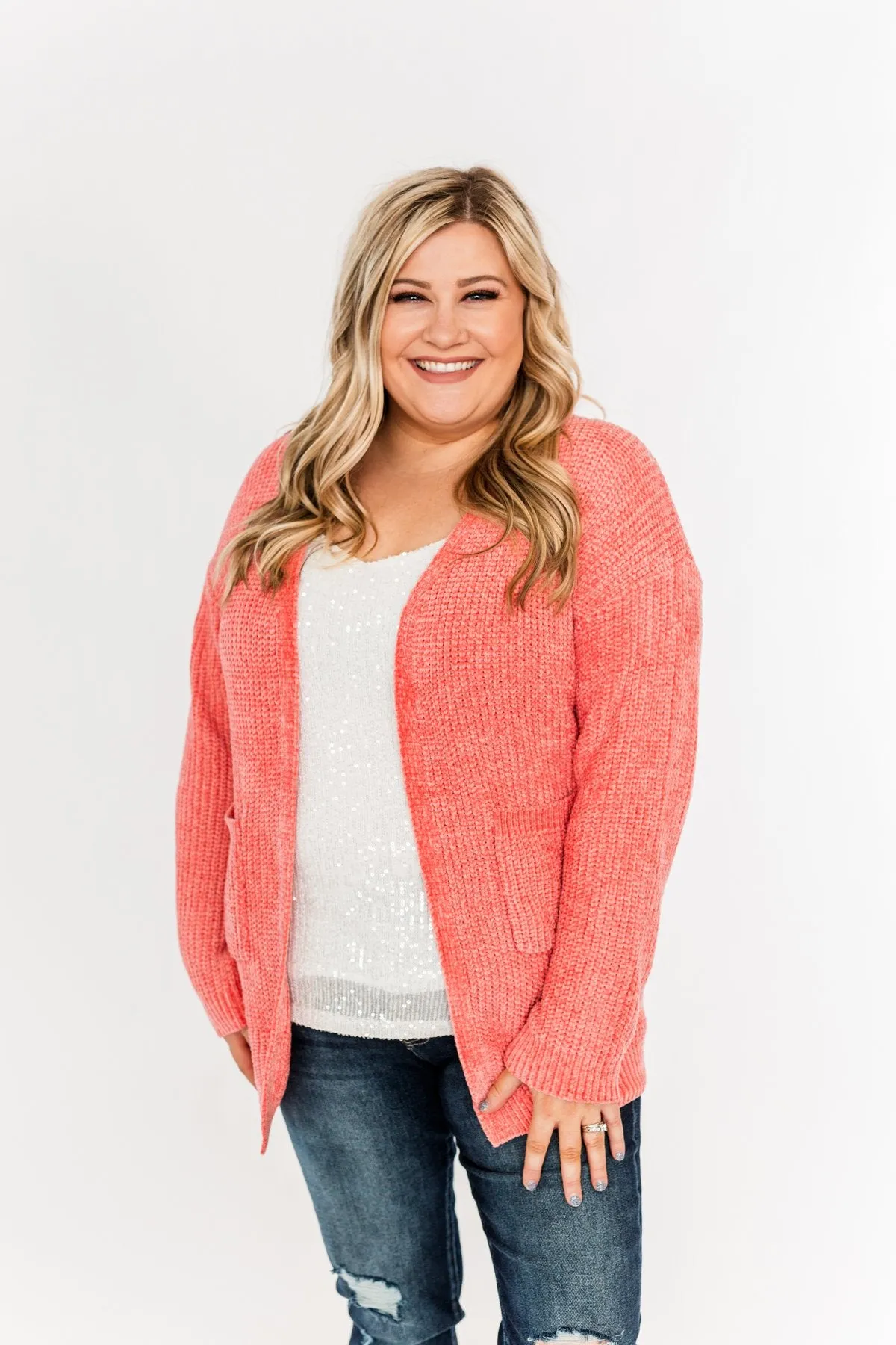 Have My Heart Velvet Chenille Cardigan- Coral