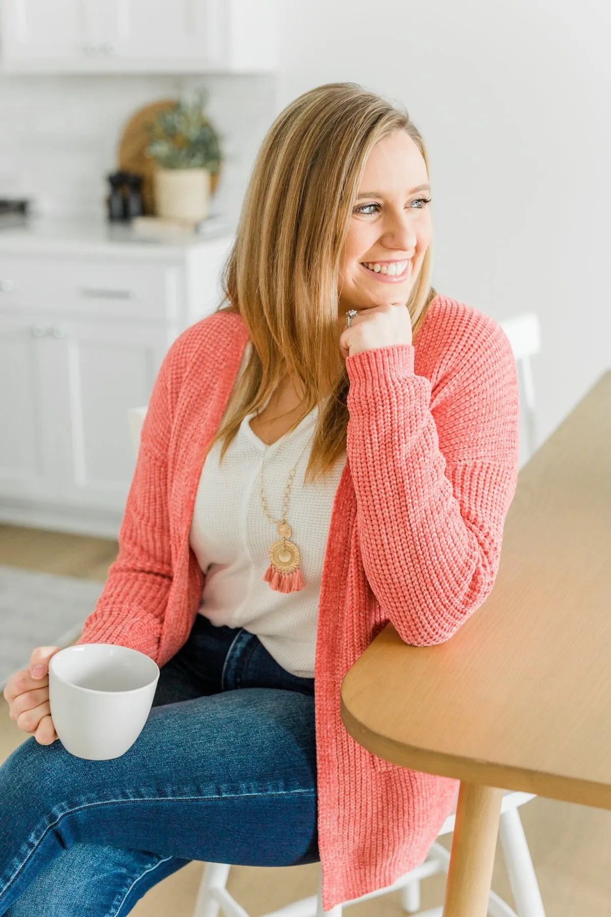 Have My Heart Velvet Chenille Cardigan- Coral