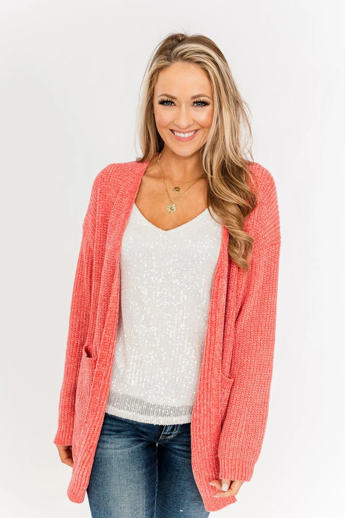 Have My Heart Velvet Chenille Cardigan- Coral