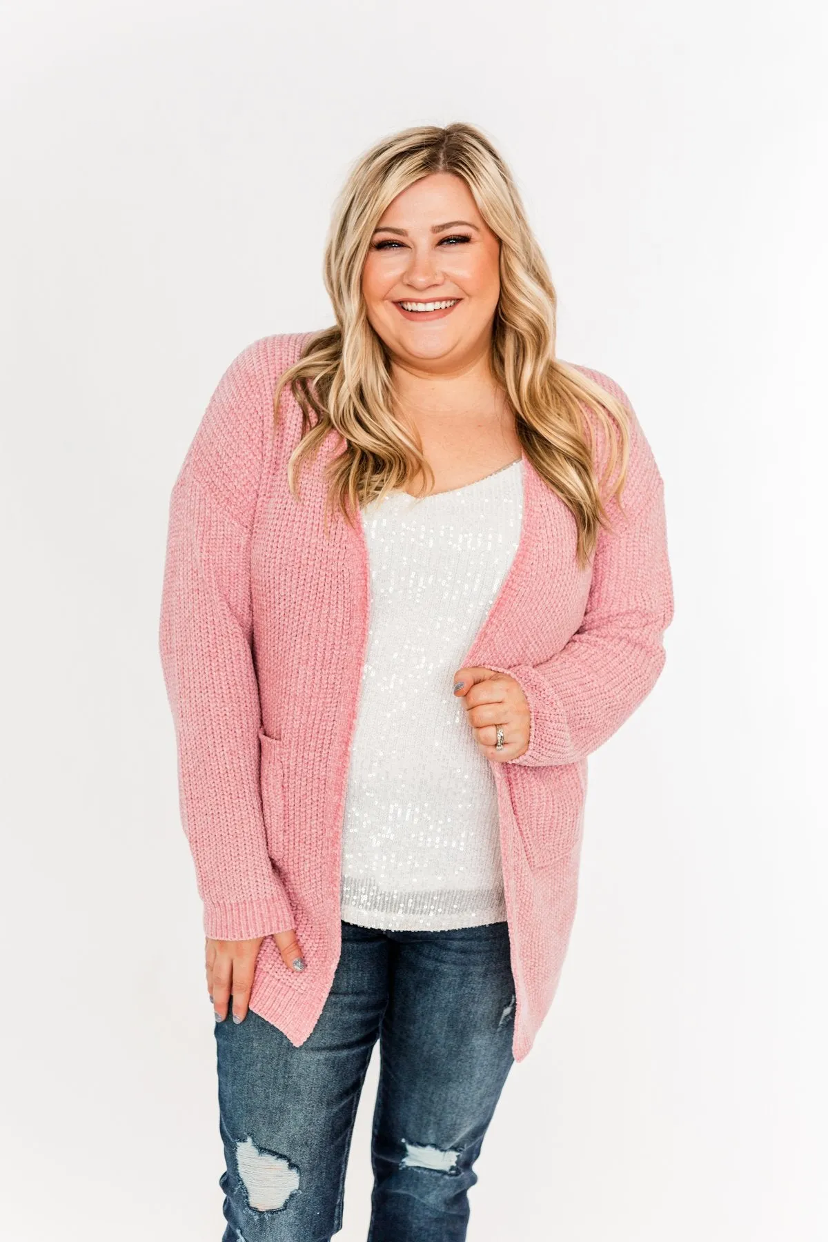Have My Heart Velvet Chenille Cardigan- Pink