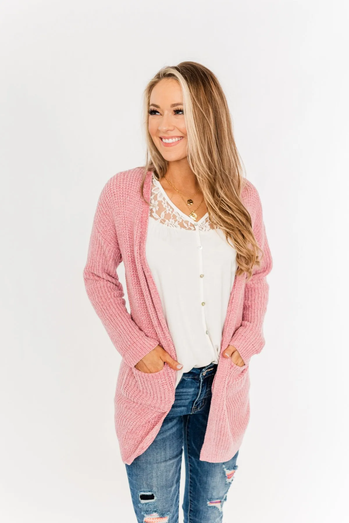 Have My Heart Velvet Chenille Cardigan- Pink