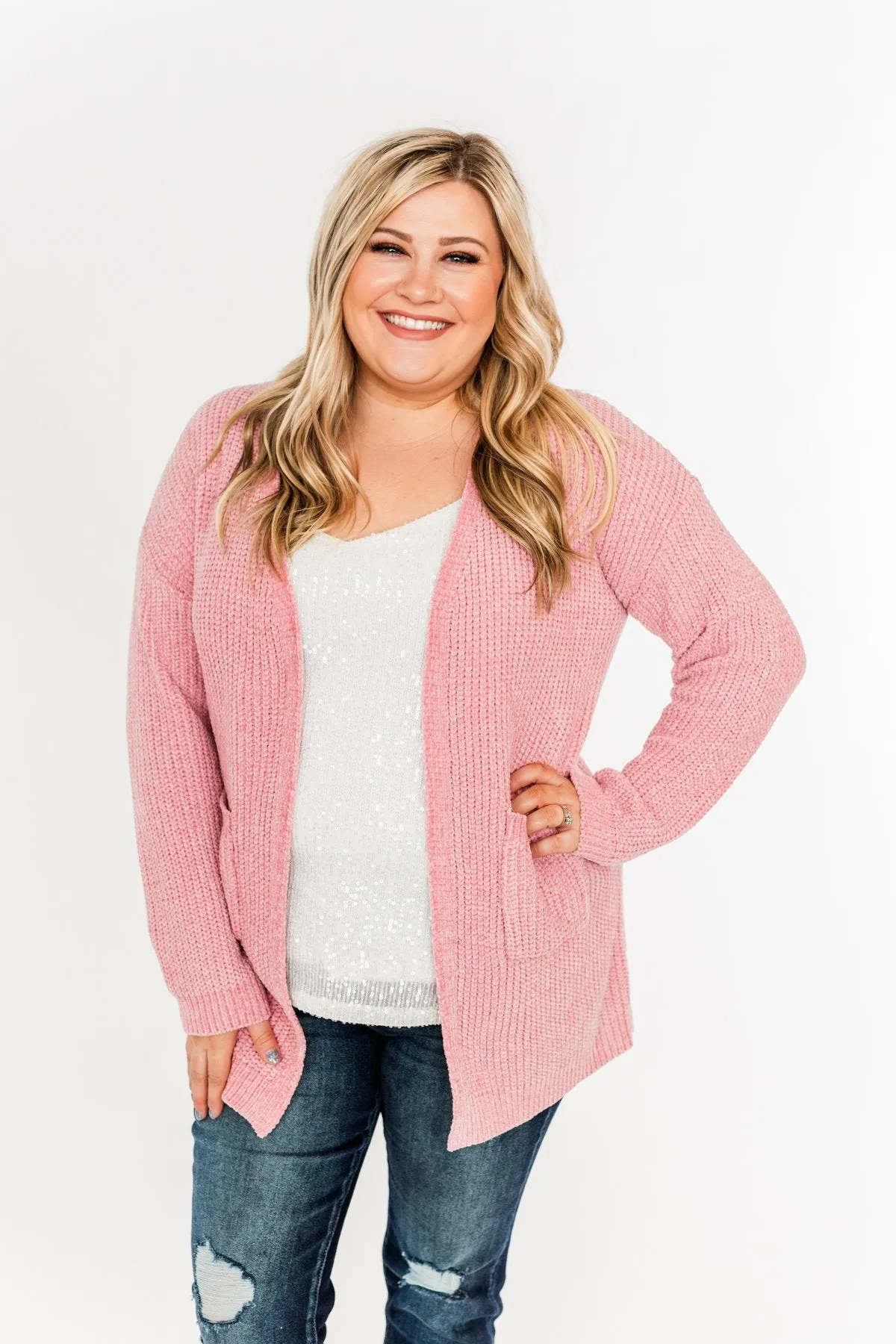 Have My Heart Velvet Chenille Cardigan- Pink