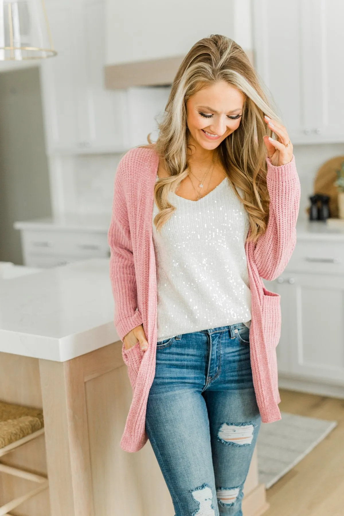 Have My Heart Velvet Chenille Cardigan- Pink
