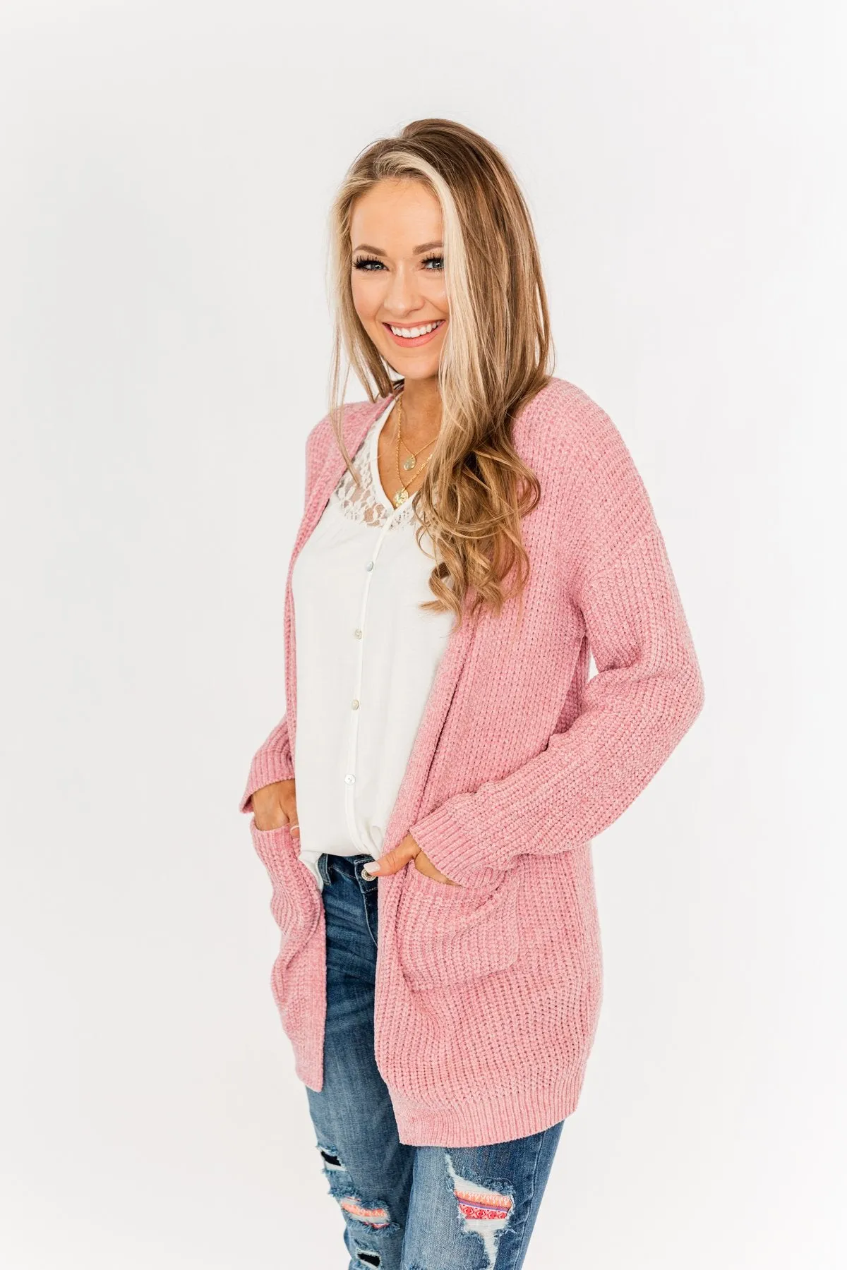 Have My Heart Velvet Chenille Cardigan- Pink