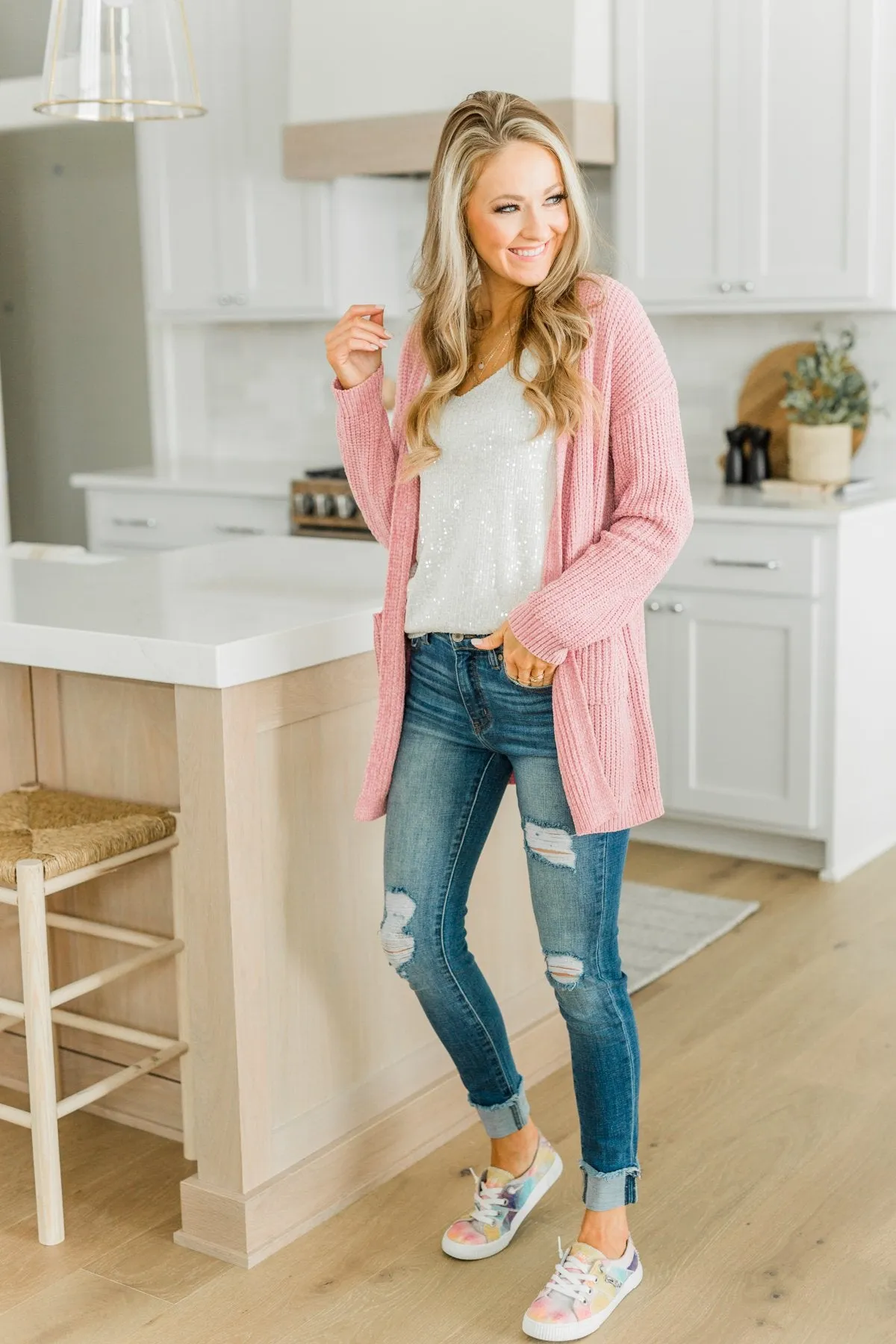 Have My Heart Velvet Chenille Cardigan- Pink