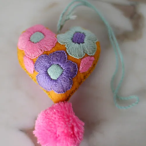 Heart - Small - Mexican Heart Embroidered Felt Ornament Decoration with Tassels