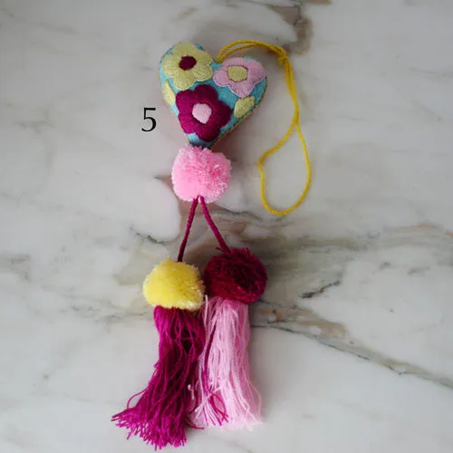 Heart - Small - Mexican Heart Embroidered Felt Ornament Decoration with Tassels