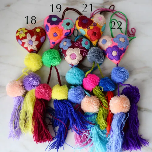 Heart - Small - Mexican Heart Embroidered Felt Ornament Decoration with Tassels