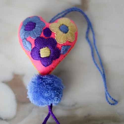 Heart - Small - Mexican Heart Embroidered Felt Ornament Decoration with Tassels