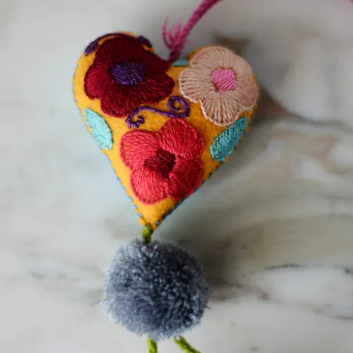 Heart - Small - Mexican Heart Embroidered Felt Ornament Decoration with Tassels