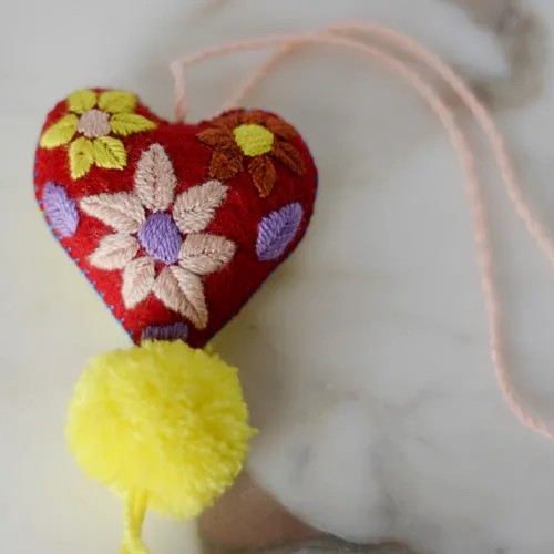 Heart - Small - Mexican Heart Embroidered Felt Ornament Decoration with Tassels