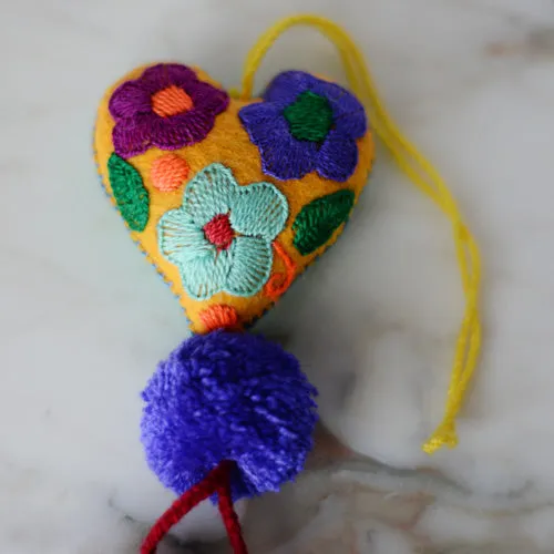 Heart - Small - Mexican Heart Embroidered Felt Ornament Decoration with Tassels