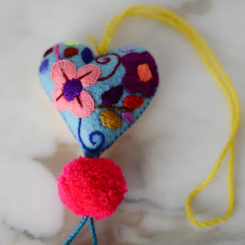 Heart - Small - Mexican Heart Embroidered Felt Ornament Decoration with Tassels