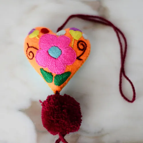 Heart - Small - Mexican Heart Embroidered Felt Ornament Decoration with Tassels