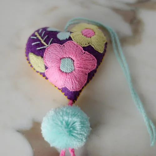 Heart - Small - Mexican Heart Embroidered Felt Ornament Decoration with Tassels