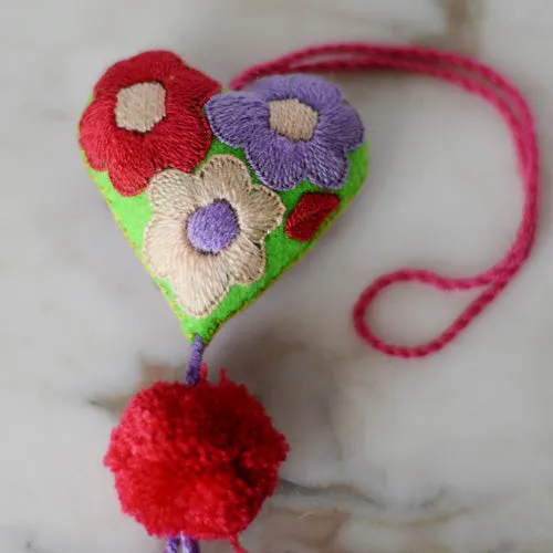 Heart - Small - Mexican Heart Embroidered Felt Ornament Decoration with Tassels