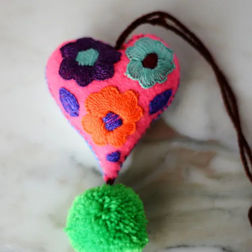 Heart - Small - Mexican Heart Embroidered Felt Ornament Decoration with Tassels