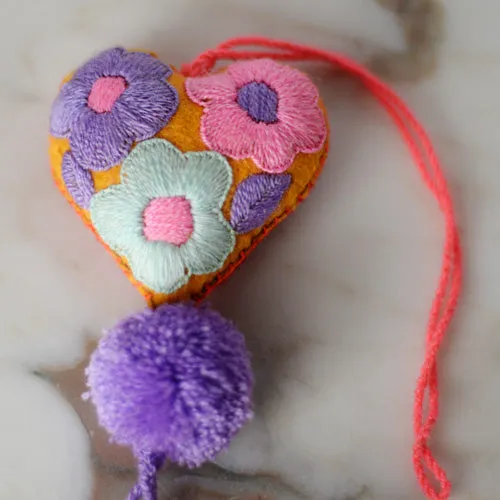 Heart - Small - Mexican Heart Embroidered Felt Ornament Decoration with Tassels