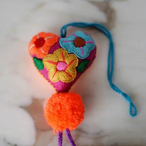 Heart - Small - Mexican Heart Embroidered Felt Ornament Decoration with Tassels