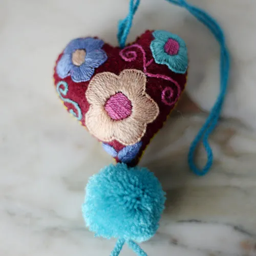 Heart - Small - Mexican Heart Embroidered Felt Ornament Decoration with Tassels