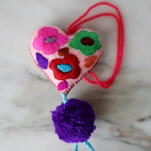 Heart - Small - Mexican Heart Embroidered Felt Ornament Decoration with Tassels