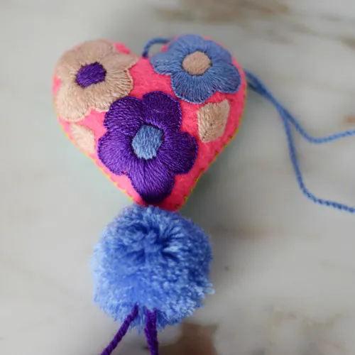 Heart - Small - Mexican Heart Embroidered Felt Ornament Decoration with Tassels