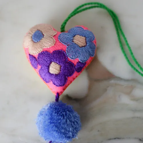 Heart - Small - Mexican Heart Embroidered Felt Ornament Decoration with Tassels