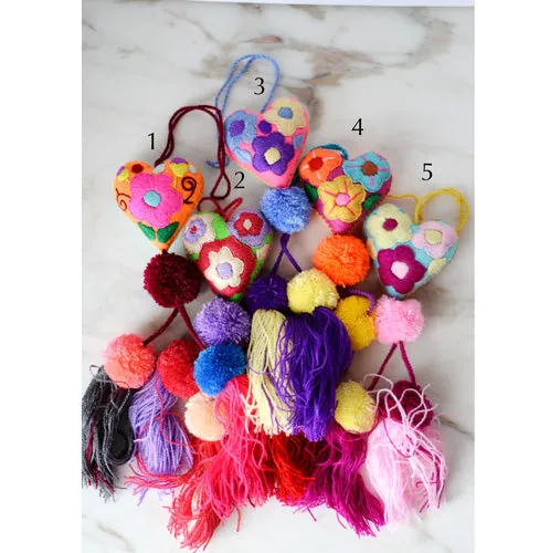 Heart - Small - Mexican Heart Embroidered Felt Ornament Decoration with Tassels
