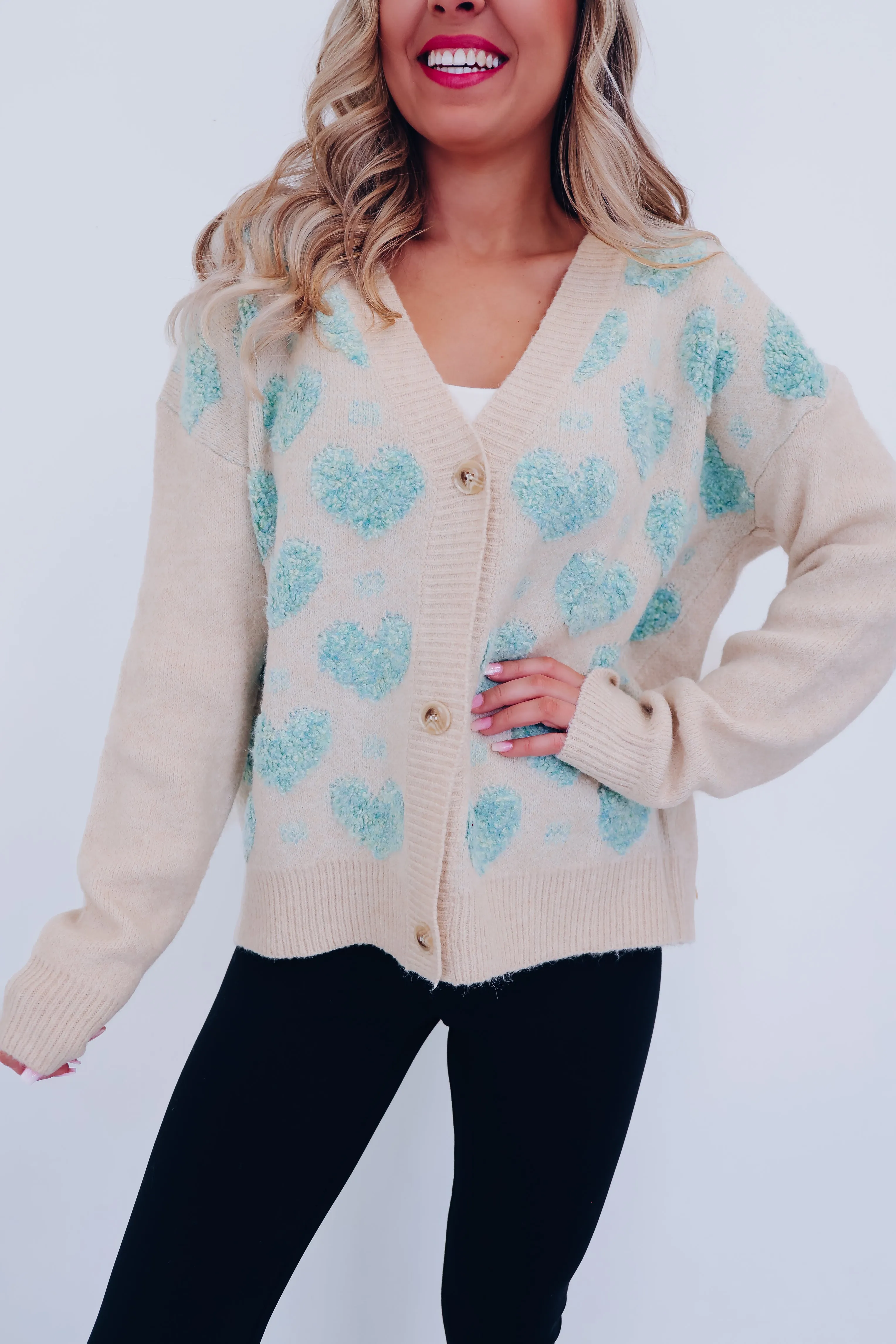 Heart's Desire Button Front Knit Cardigan - Light Blue