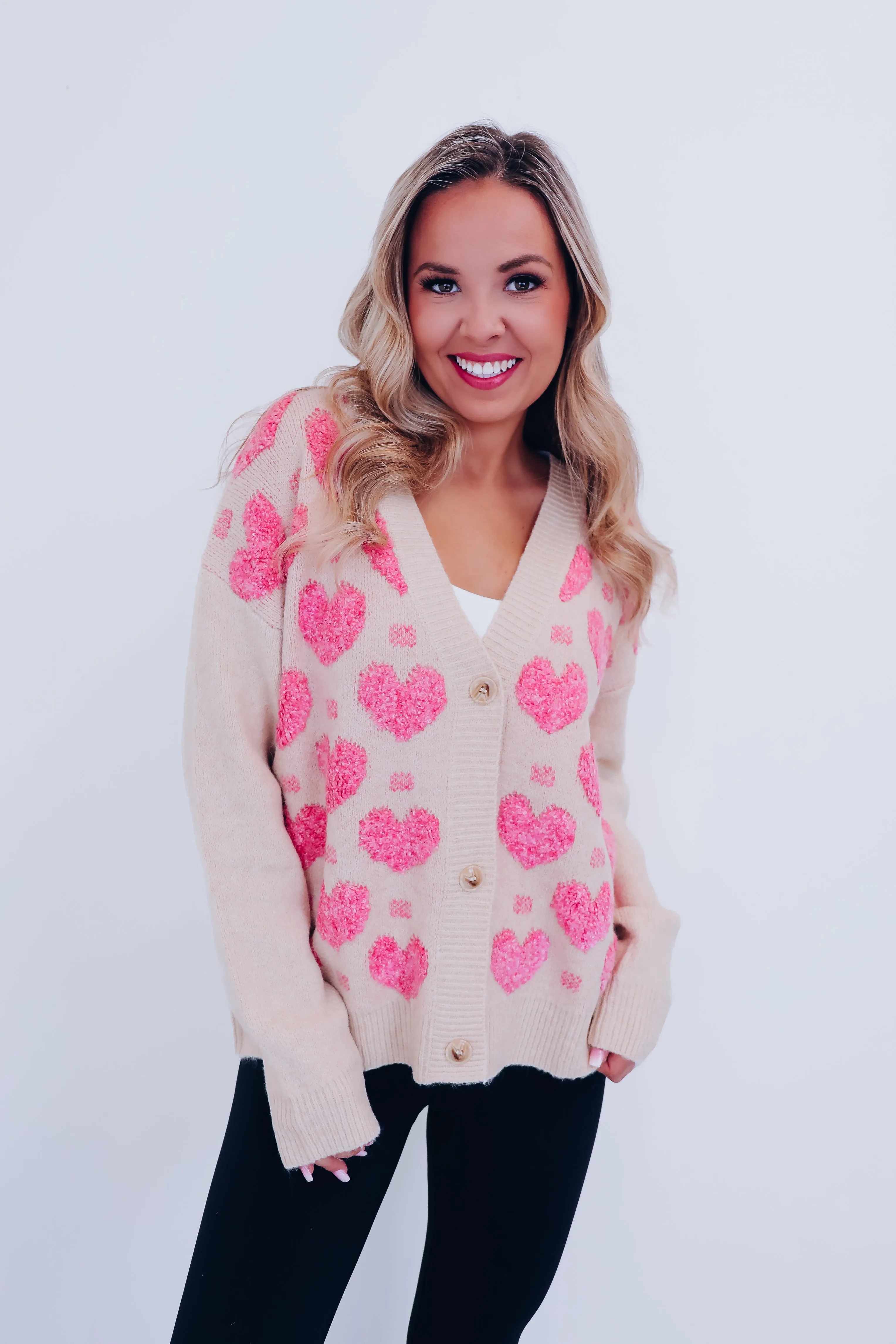 Heart's Desire Button Front Knit Cardigan - Pink
