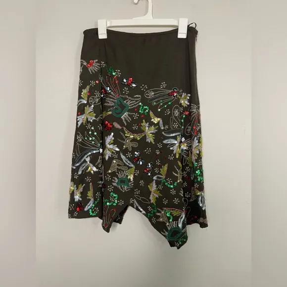 ISDA &amp; Co Anthropologie Brown Wool Embroidered Sequined Jagged Hem Skirt Sz 6