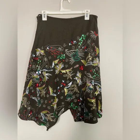 ISDA &amp; Co Anthropologie Brown Wool Embroidered Sequined Jagged Hem Skirt Sz 6