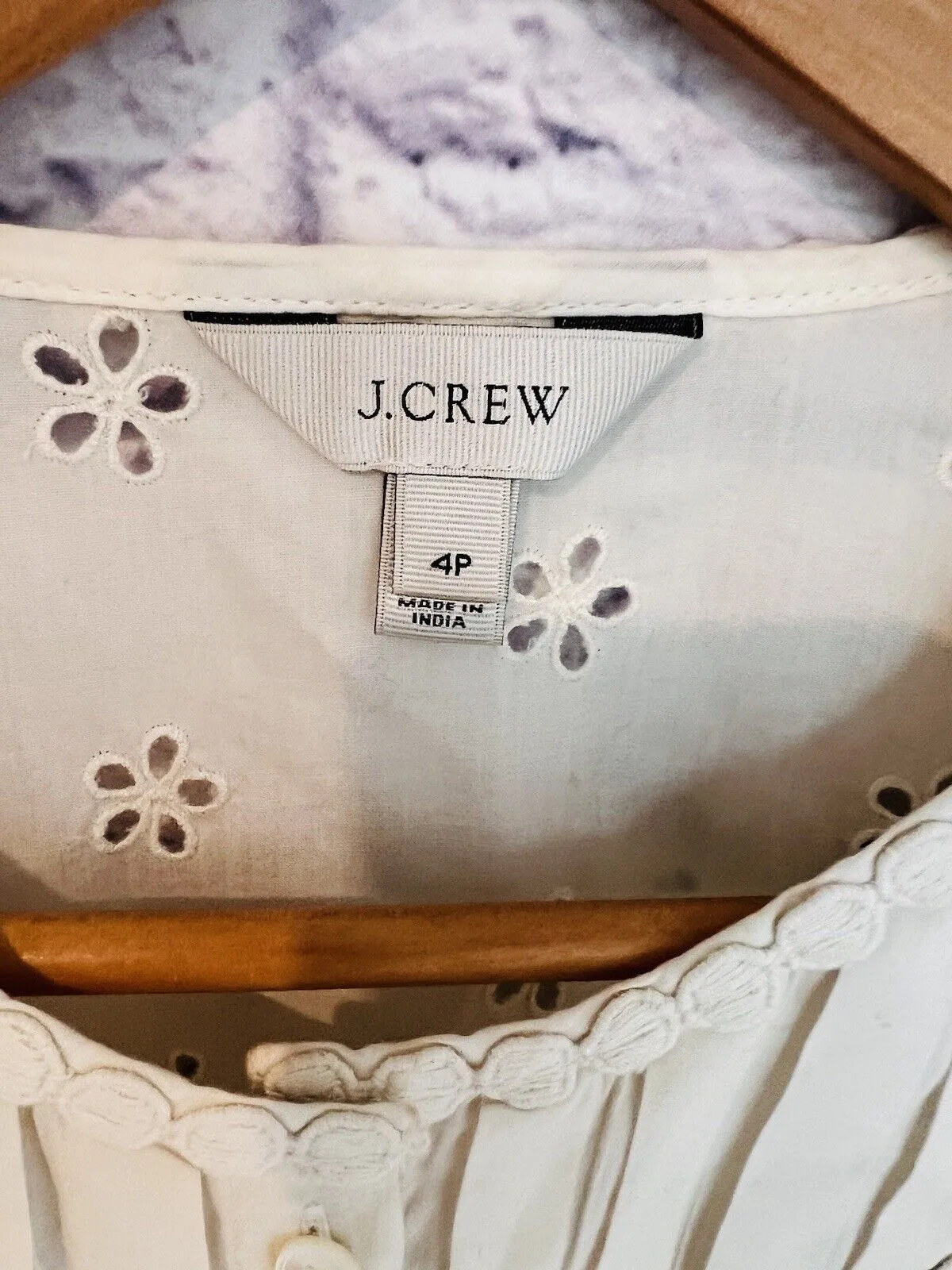 J. CREW Eyelet Ivory Top G8370 Size 4 Petite Botton Up Blouse Western Boho
