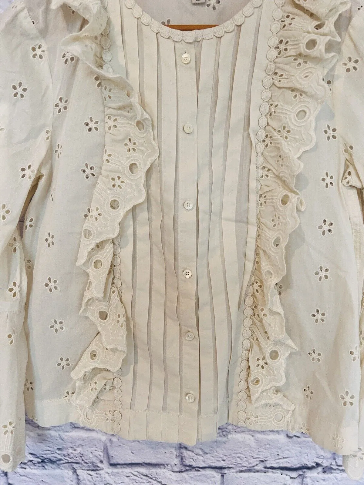 J. CREW Eyelet Ivory Top G8370 Size 4 Petite Botton Up Blouse Western Boho