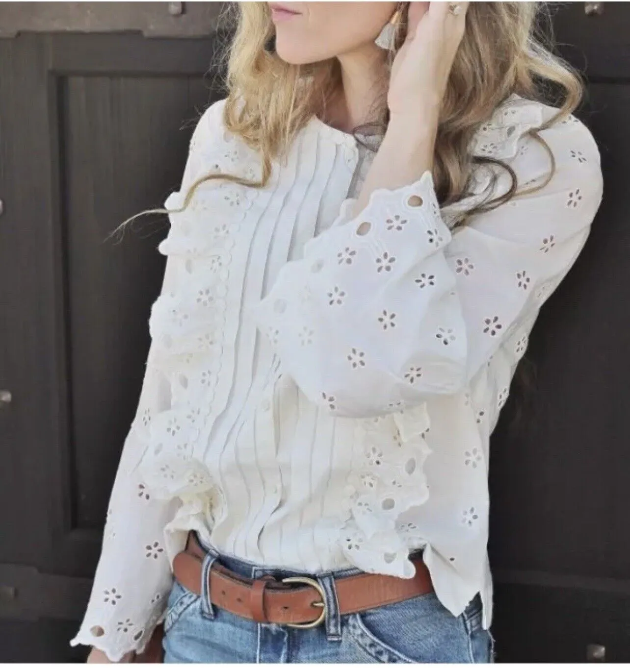 J. CREW Eyelet Ivory Top G8370 Size 4 Petite Botton Up Blouse Western Boho