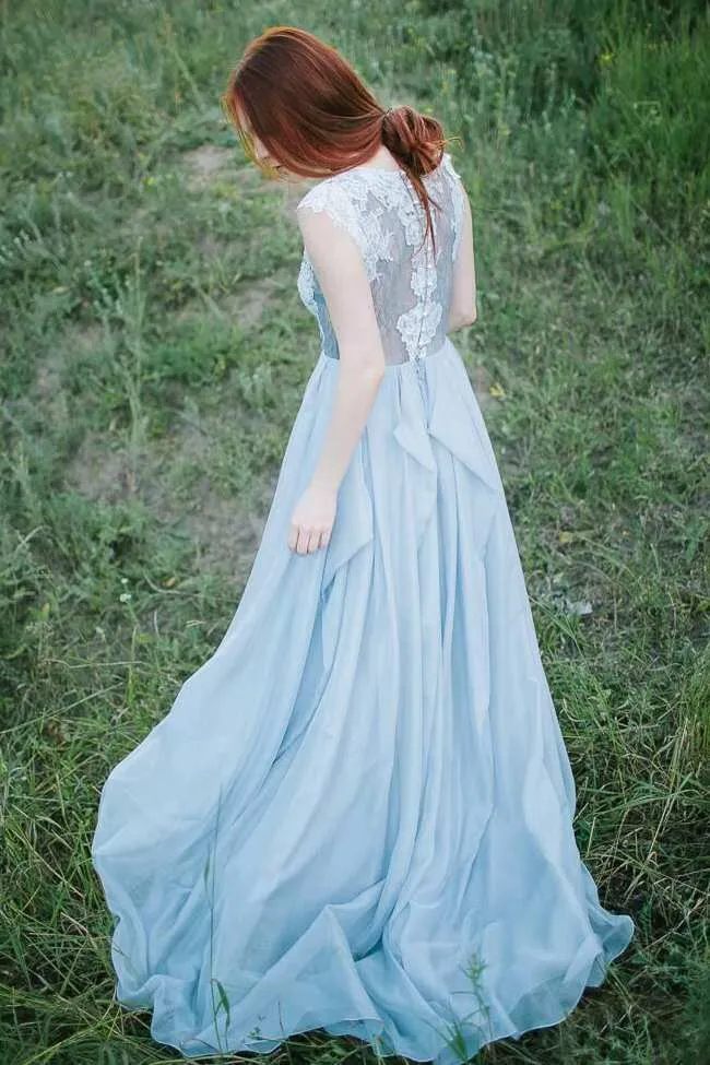 Jewel-Neck Sleeveless A-Line Chiffon Draped Dress With Lace Appliqued Top-715075