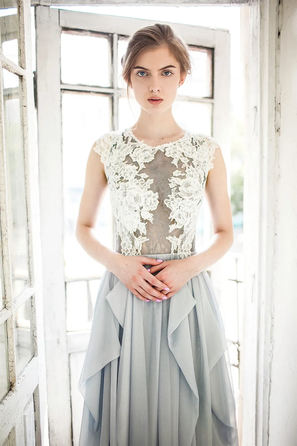 Jewel-Neck Sleeveless A-Line Chiffon Draped Dress With Lace Appliqued Top-715075