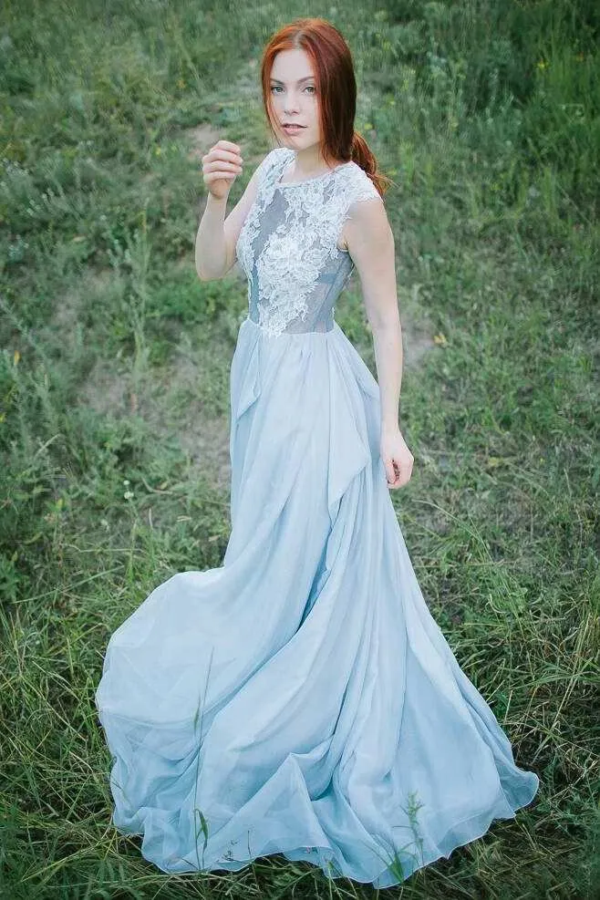 Jewel-Neck Sleeveless A-Line Chiffon Draped Dress With Lace Appliqued Top-715075