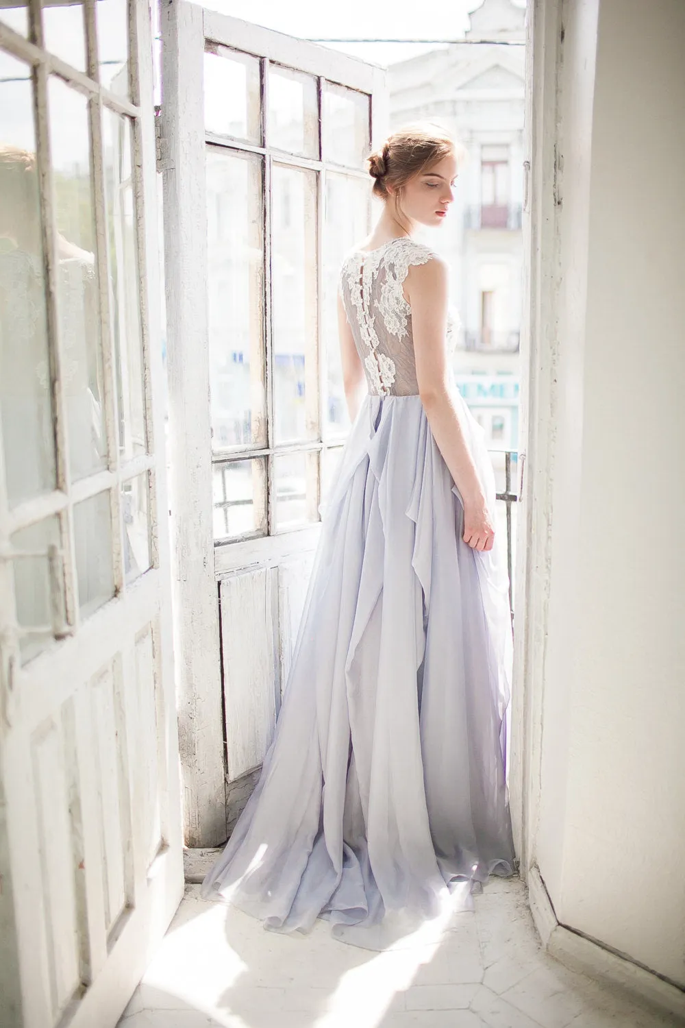 Jewel-Neck Sleeveless A-Line Chiffon Draped Dress With Lace Appliqued Top-715075