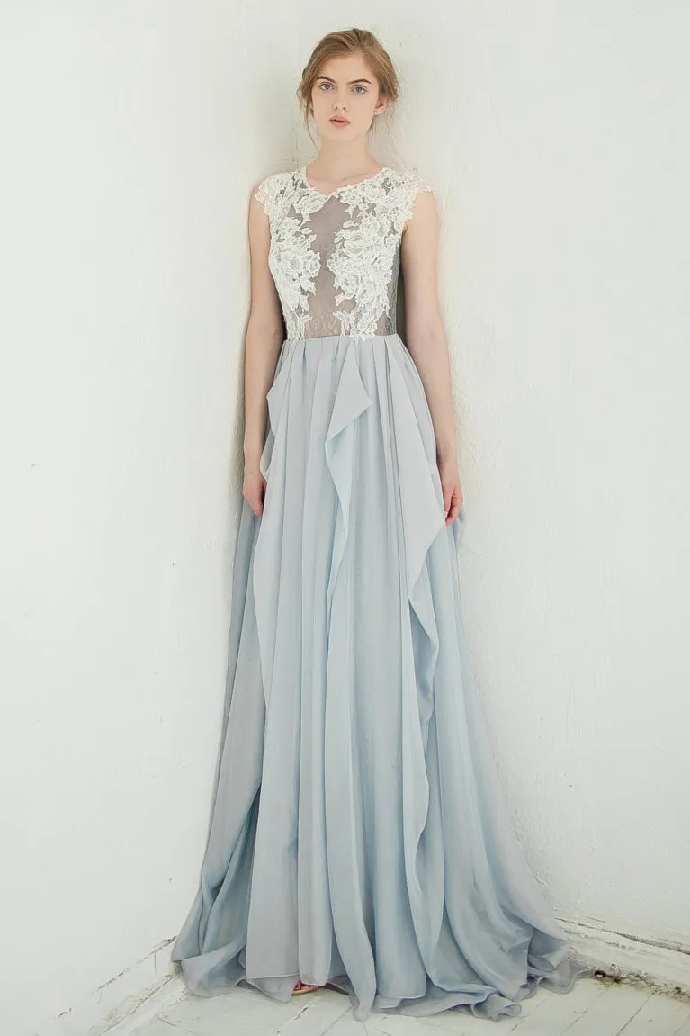 Jewel-Neck Sleeveless A-Line Chiffon Draped Dress With Lace Appliqued Top-715075