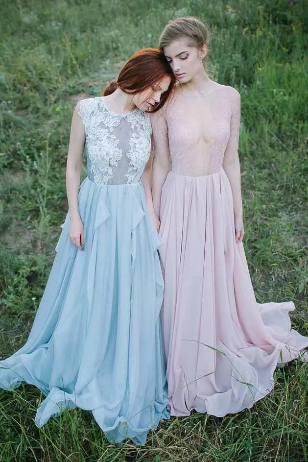 Jewel-Neck Sleeveless A-Line Chiffon Draped Dress With Lace Appliqued Top-715075