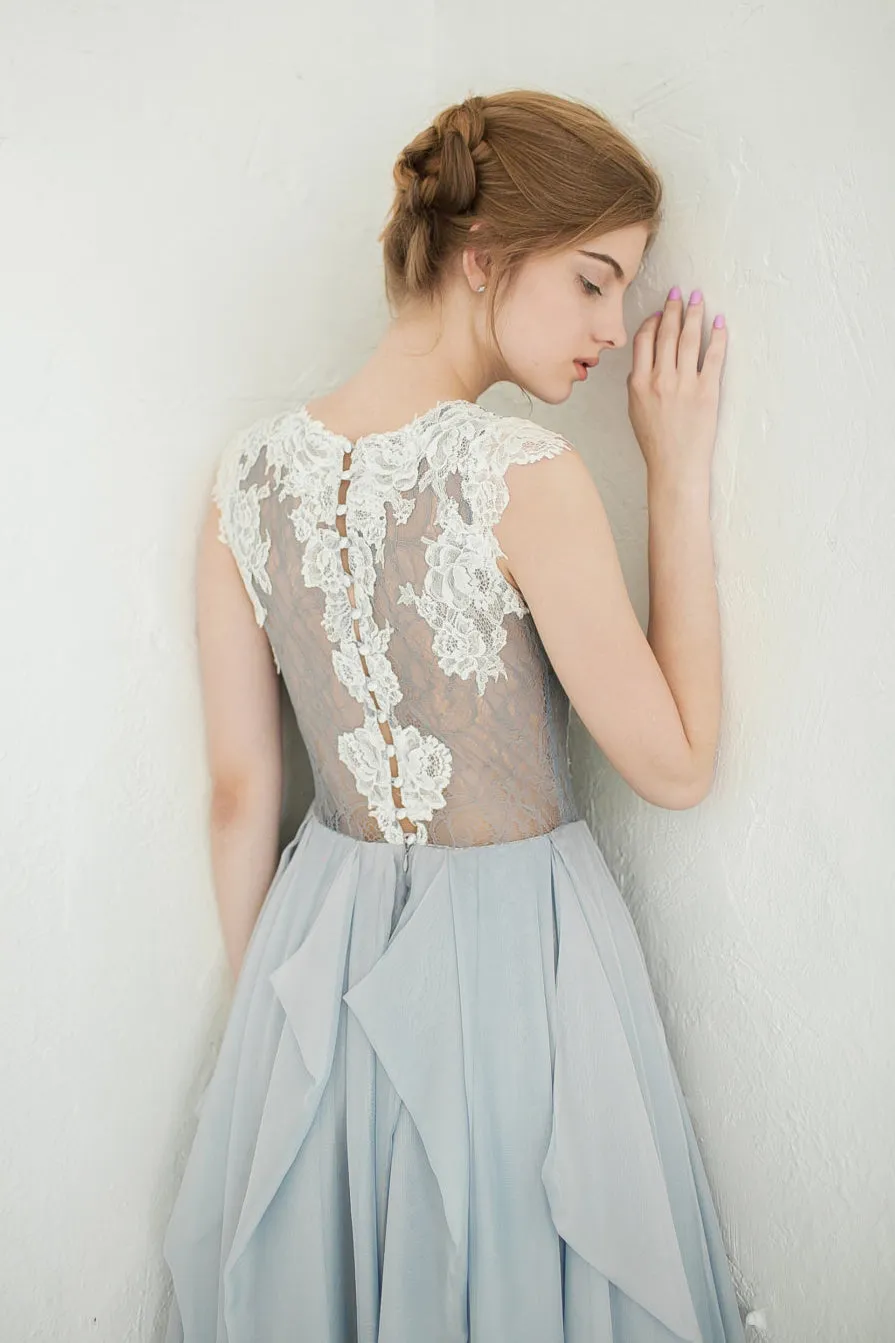 Jewel-Neck Sleeveless A-Line Chiffon Draped Dress With Lace Appliqued Top-715075