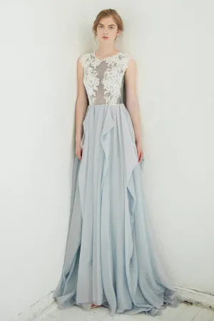 Jewel-Neck Sleeveless A-Line Chiffon Draped Dress With Lace Appliqued Top-715075