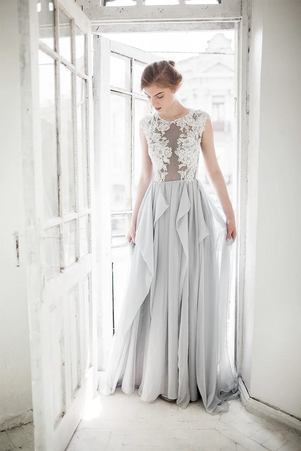 Jewel-Neck Sleeveless A-Line Chiffon Draped Dress With Lace Appliqued Top-715075
