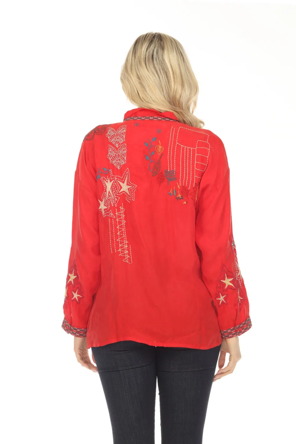 Johnny Was Biya Red Julez Embroidered Button Front Blouse Boho Chic B12523