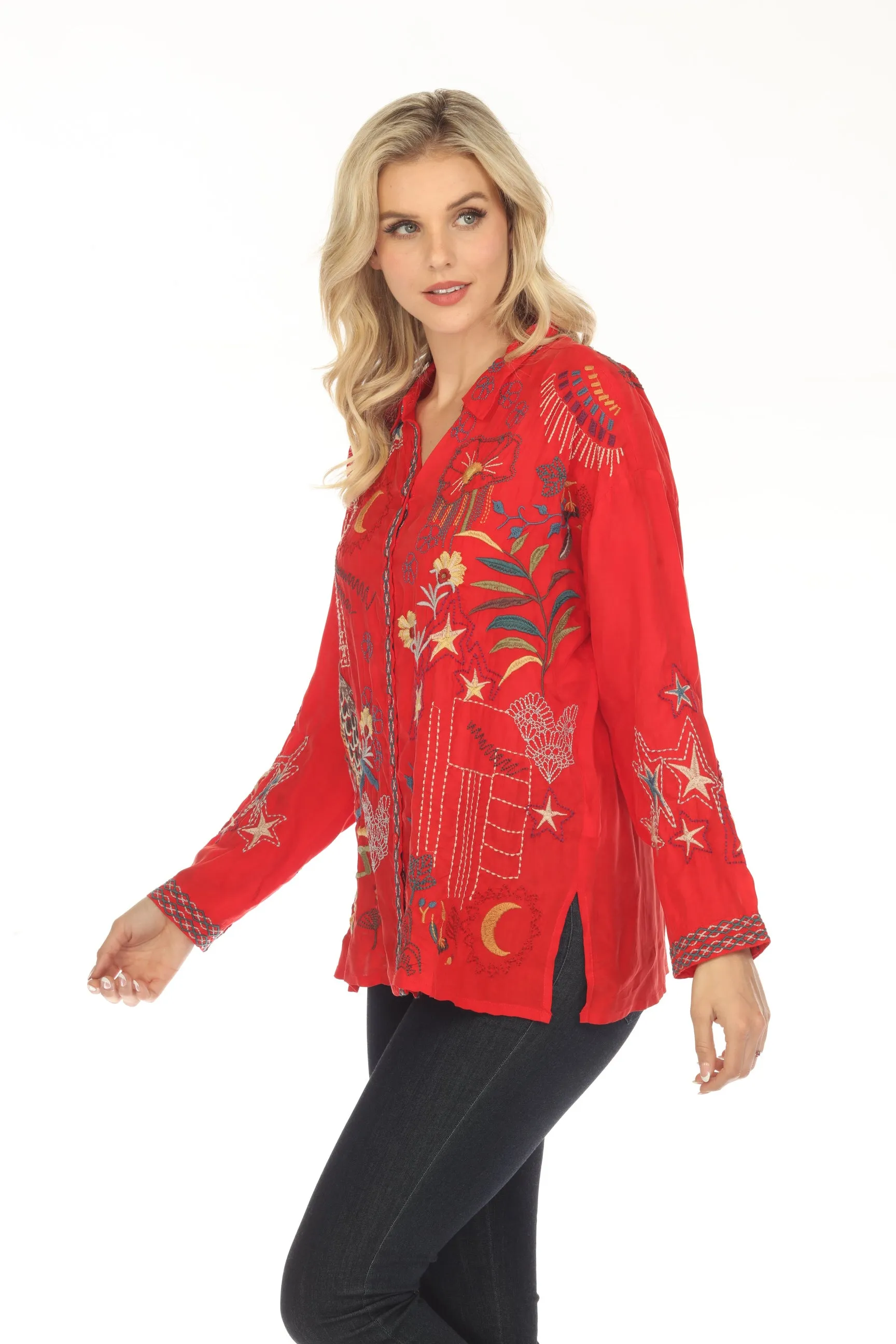 Johnny Was Biya Red Julez Embroidered Button Front Blouse Boho Chic B12523
